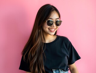 Naklejka premium Smiling Young Woman With Long Hair Wearing Sunglasses And A Black T-Shirt Against A Bright Pink Background