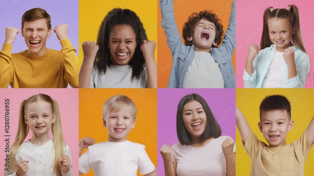 Poster a lively group of diverse adults and children celebrating in a vibrant setting. they showcase emotio