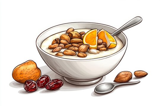 Bol de gachas de mijo con d&aacute;tiles rojos y almendras en una mesa r&uacute;stica