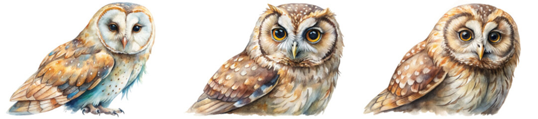 Realistic owl illustrations, watercolor style, detailed feathers, natural colors, wildlife art, educational purpose.