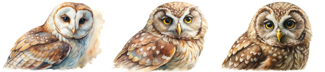 Realistic owl illustrations, watercolor style, detailed feathers, nature theme, wildlife art, educational purposes.
