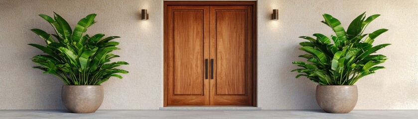 Elegant entrance with wooden doors and lush potted plants framing a modern home facade