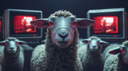 Sheep with tv screens, brain addicted to social media, manipulation and mind control by media, disconnected to reality. Moonstream. Illustration