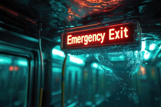Red emergency exit sign hanging from the ceiling