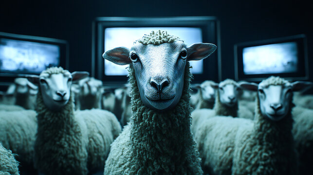 Sheep with tv screens, brain addicted to social media, manipulation and mind control by media, disconnected to reality. Moonstream. Illustration