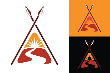 The image shows a flat logo design of a teepee or wigwam with two spears with a path towards the sun on the center in brown red orange color that looks clean on a white background. © JohnTorr