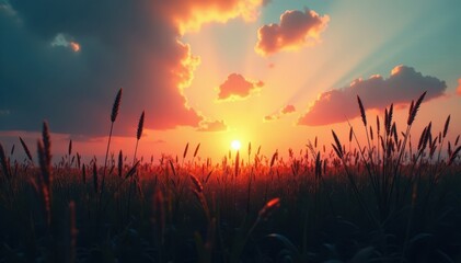 Fototapeta premium Dark, tall grass silhouettes against bright sky, sunrise, twilight