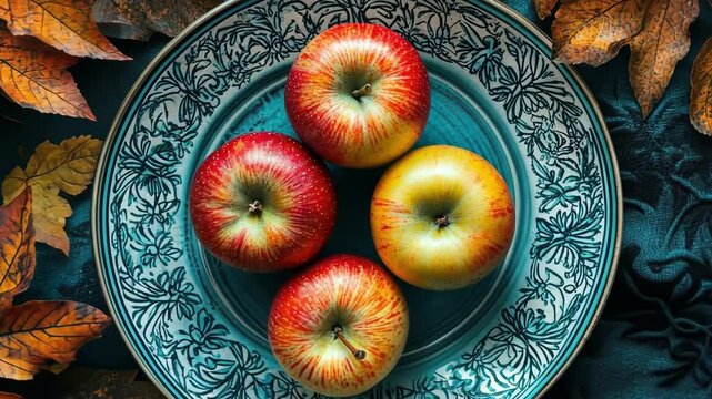 Vibrant autumn apples on ornate blue plate surrounded by colorful fall leaves Apple Gifting Day
