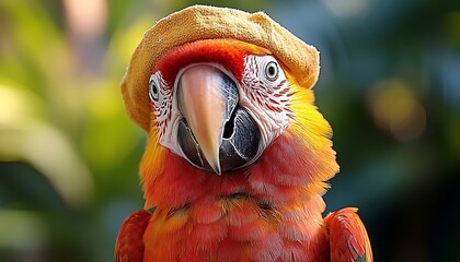 Close-up of a macaw wearing a hat in a garden setting. Possible use Educational material, social media, greeting cards