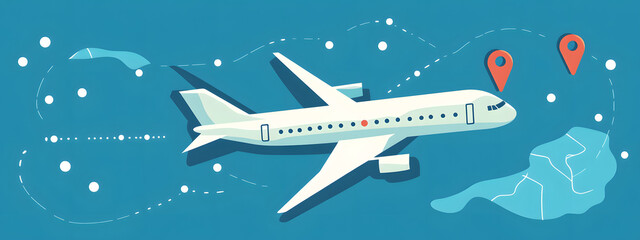 A simple vector graphic of an airplane flying, white dots on a blue background, and a red location pin
