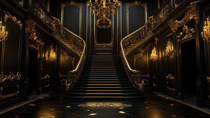 Dark, black and gold baroque interior design palace entrance hall background