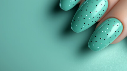 Mint green nails on solid colour background with space for text. Summer manicure, nail art, stylish, trendy and fashionable retro vintage.