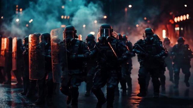 A line of riot cops in a dystopian city. Slow CIRCULAR TRACKING SHOT, moving mist and smoke, flickering lights