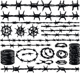 Trendy Minimal Barbed wire Set Collection In Geometric Silhouette vector Style, Silhouette Style