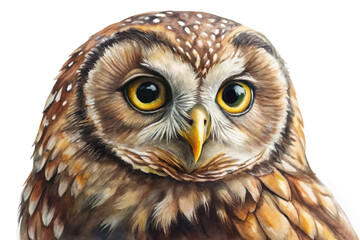 Realistic owl portrait, vibrant colors, detailed feathers, wildlife illustration, nature art, animal close-up.