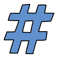 Obraz premium Hand drawn cartoon blue hashtag icon on white background.