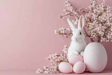 Easter bunny rabbit playing with pink painted egg on pink background. Easter concept, April holiday wallpaper. Copy space.