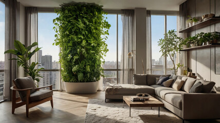 Emotional plants. Plants that depend on the owner’s mood or environmental conditions are shown in the setting of a modern apartment.