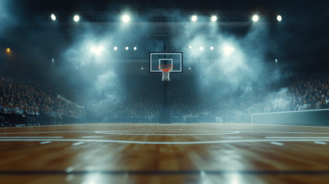 A low-angle shot of a basketball court in a vast arena, with the focus on the basketball rim, while the blurred crowd and dark blue mist on the court add a sense of depth and atmosphere.