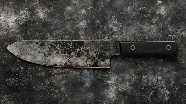 Worn chef's knife with black handle on grungy dark surface, a metallic kitchen cutlery still life.