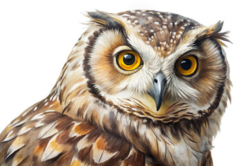 Fototapeta premium Realistic owl portrait, vibrant feathers, striking yellow eyes, wildlife art, nature illustration, animal close-up.