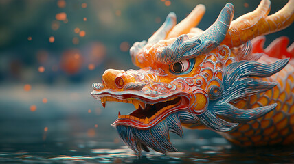 Dragon Boat in a Calm River, Dragon Boat festival, Ai Generated Images.