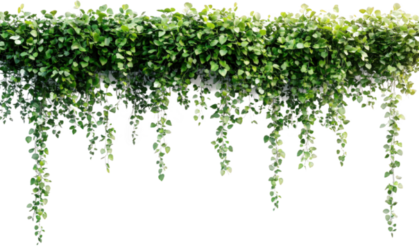 The leaves of the green vines hanging down on the wall