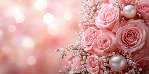 Soft pink roses with pearls, blurred golden lights background. Romantic, elegant, and delicate floral arrangement for special occasions.
