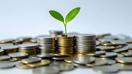 A small tree grows from a pile of coins, symbolizing finance and growth. and the connection between nature and finance.