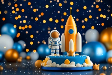 A space-themed birthday party with a rocket-shaped cake and astronaut decorations. Generative AI