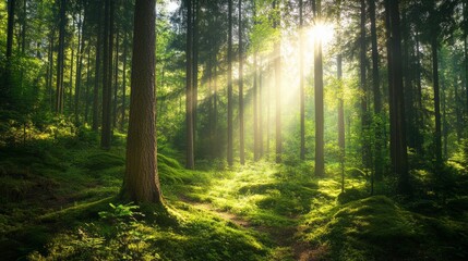 Fototapeta premium Vibrant forest with sunlight streaming through tall trees lush green foliage