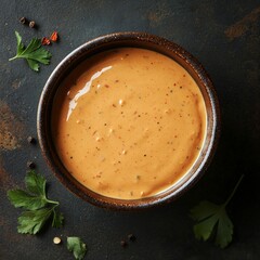 Creamy chipotle sauce in rustic bowl with herbs and spices on dark surface