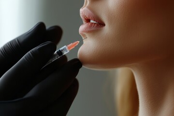 Cosmetologist holding syringe near woman's chin, beauty injections with fillers for chin shape correction, procedure chin contouring