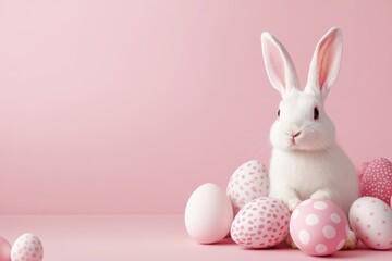 Easter bunny rabbit playing with pink painted egg on pink background. Easter concept, April holiday wallpaper. Copy space.