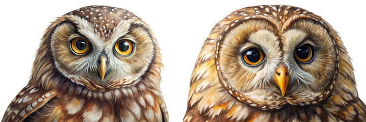 Realistic owl portraits, detailed feathers, vibrant eyes, wildlife art, nature illustration, artistic expression.