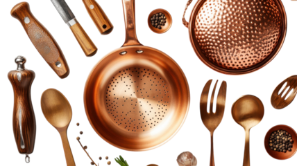Exploring the artistry of vintage copper cookware and utensils in a rustic kitchen setting