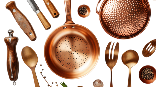 Exploring the artistry of vintage copper cookware and utensils in a rustic kitchen setting