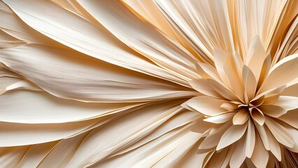 A close-up view of intricate, layered paper resembling flower petals in soft beige tones. Concept Paper Art Details, Floral Inspiration, Soft Beige Palette, Textured Layers, Craftsmanship in Design
