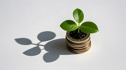 A small tree grows from a pile of coins, symbolizing finance and growth. and the connection between nature and finance.