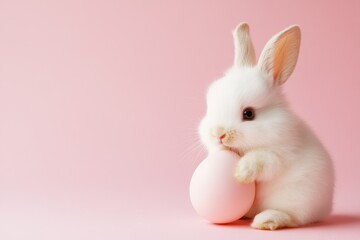 Easter bunny rabbit playing with pink painted egg on pink background. Easter concept, April holiday wallpaper. Copy space.