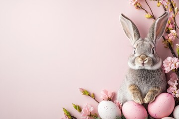 Easter bunny rabbit playing with pink painted egg on pink background. Easter concept, April holiday wallpaper. Copy space.
