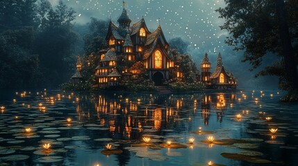 Obraz premium A mystical village floating on lily pads in a sparkling enchanted lake