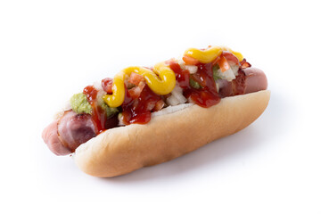 Sonoran hot dog. Traditional Mexican hot dog isolated on white background