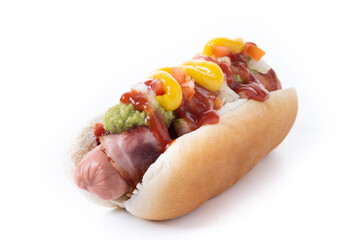 Sonoran hot dog. Traditional Mexican hot dog isolated on white background