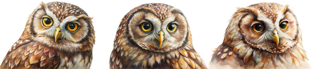 Realistic owl portraits, detailed feathers, vibrant eyes, wildlife art, nature illustration, animal close-up, artistic style.