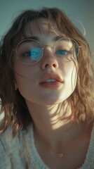 Fototapeta premium Hyper-realistic close-up of a young woman live streaming a reaction video in soft daylight