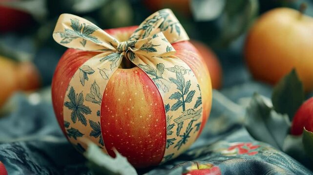 Decorative apple wrapped in floral ribbon with a bow Apple Gifting Day