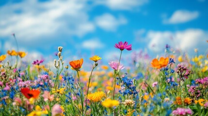 Colorful wildflowers blooming in a spring meadow under blue sky nature in bloom