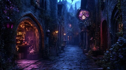 Obraz premium A shadowy alley where magical creatures sell enchanted artifacts