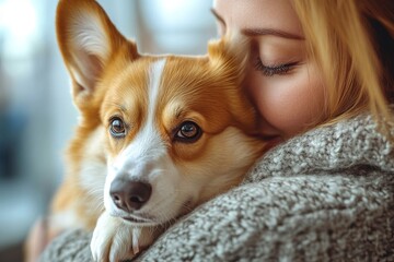 Woman carrying sad Pembroke Welsh Corgi dog, standing in vet hospital, lady holding her puppy and visiting clinic for regular checkup